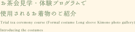 お茶会見学・体験プログラムで使用されるお着物のご紹介　Trial tea ceremony course (Formal costume Long sleeve Kimono photo gallery) Introducing the costumes